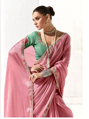 Amazing Light Pink Border Wrok Tissue Silk Engagement Wear Saree