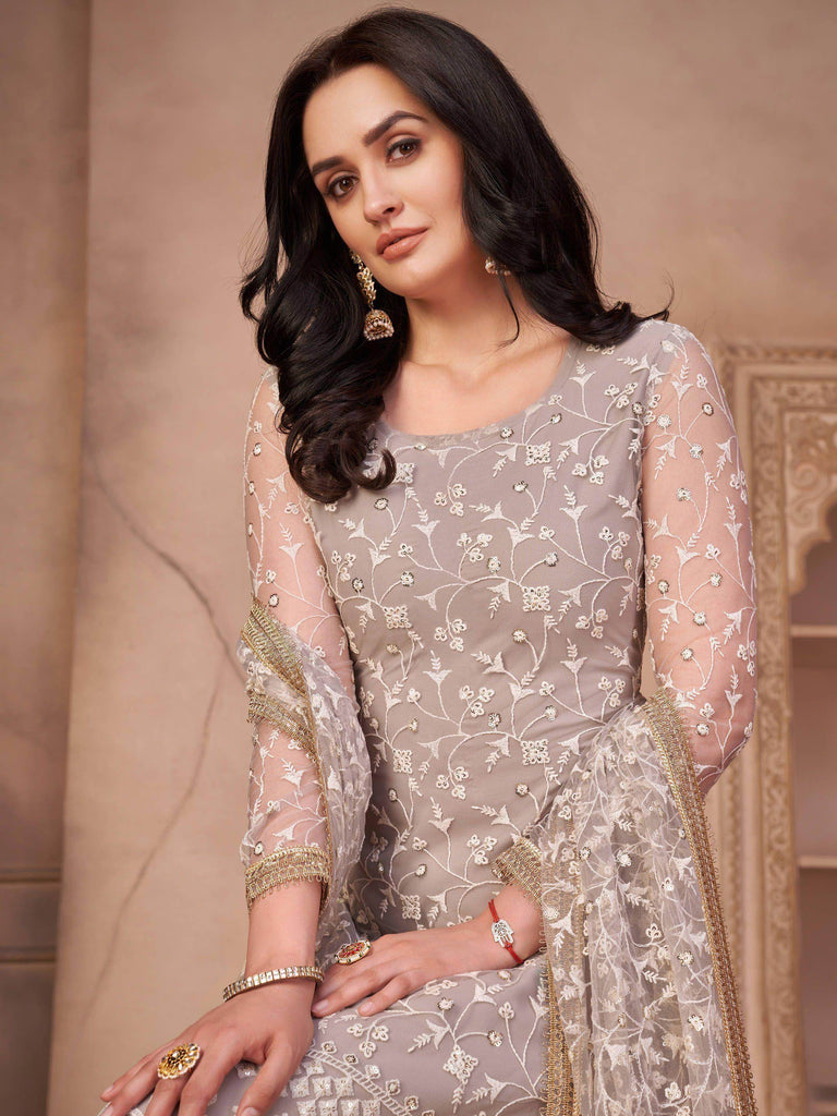 Fantastic Grey Embroidered Mono Net Festival Wear Pant Salwar Suit