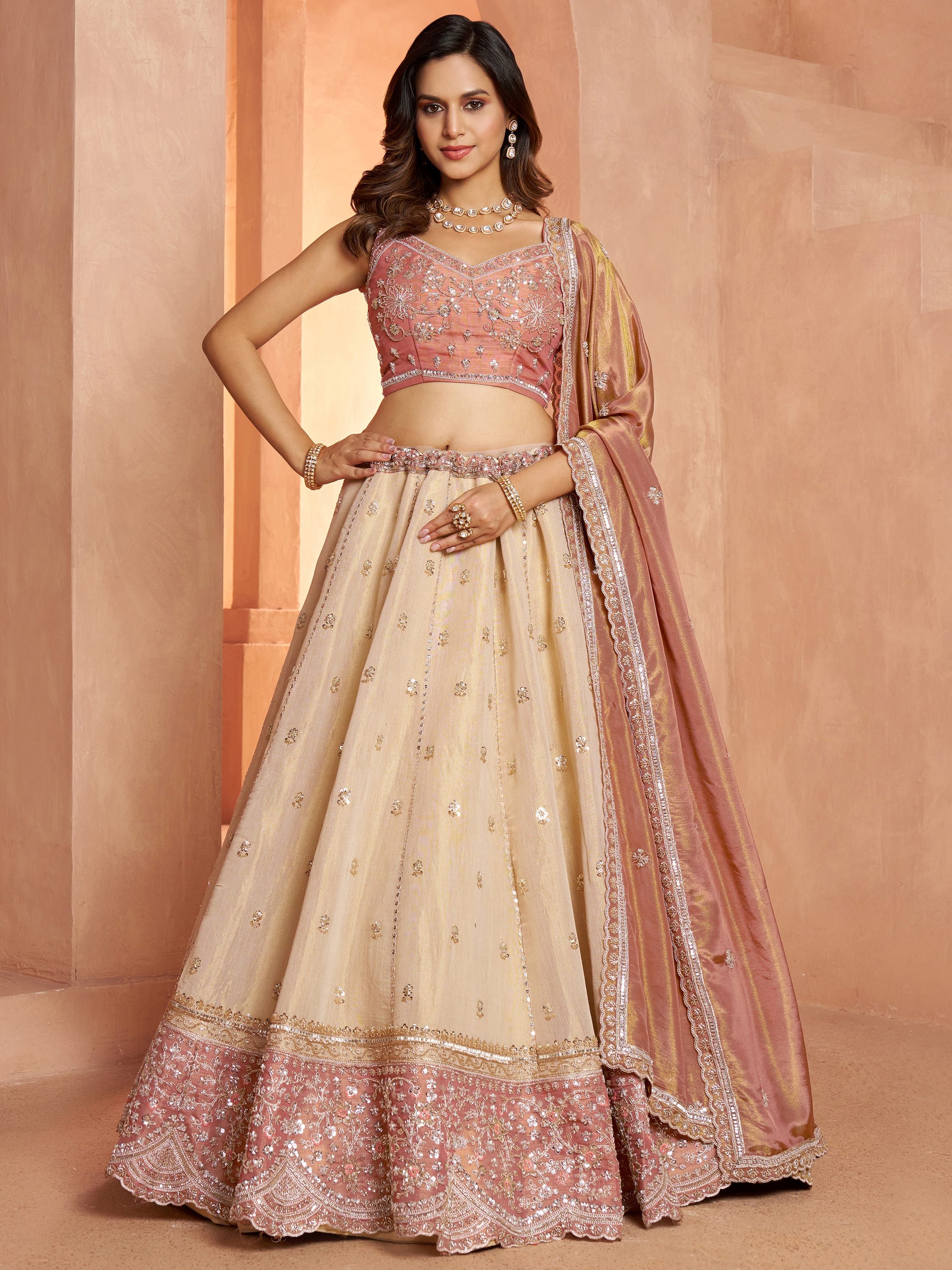 Spectacular Peach Dori Embroidery Tissue Wedding Wear Lehenga Choli