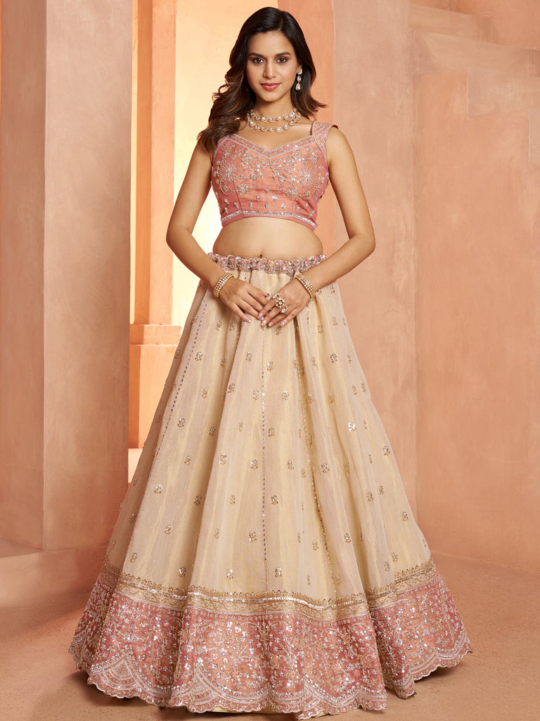 Spectacular Peach Dori Embroidery Tissue Wedding Wear Lehenga Choli