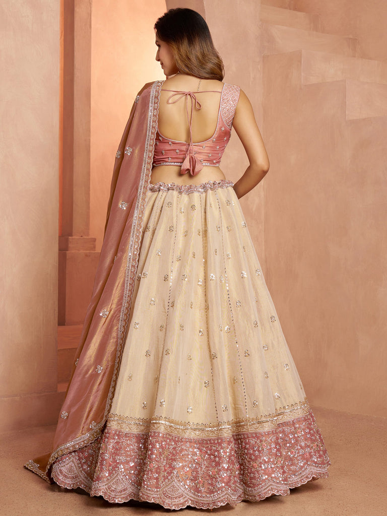 Spectacular Peach Dori Embroidery Tissue Wedding Wear Lehenga Choli