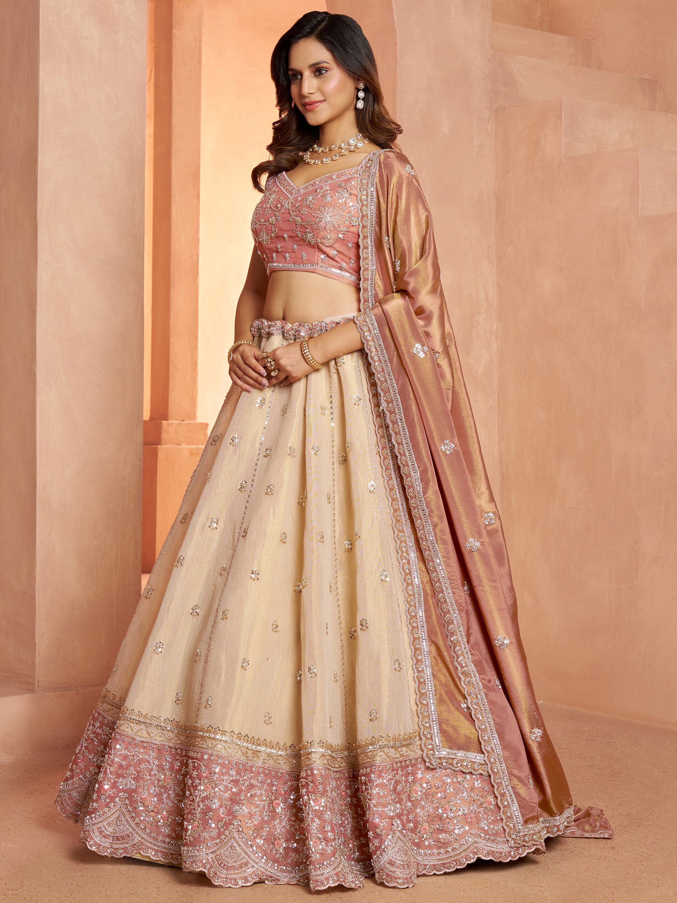 Spectacular Peach Dori Embroidery Tissue Wedding Wear Lehenga Choli
