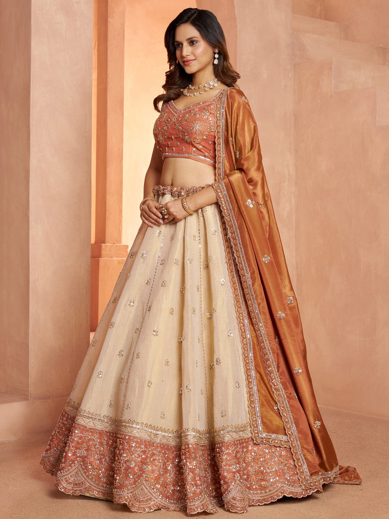 Magnificent Rust Embroidered Tissue Function Wear Lehenga Choli