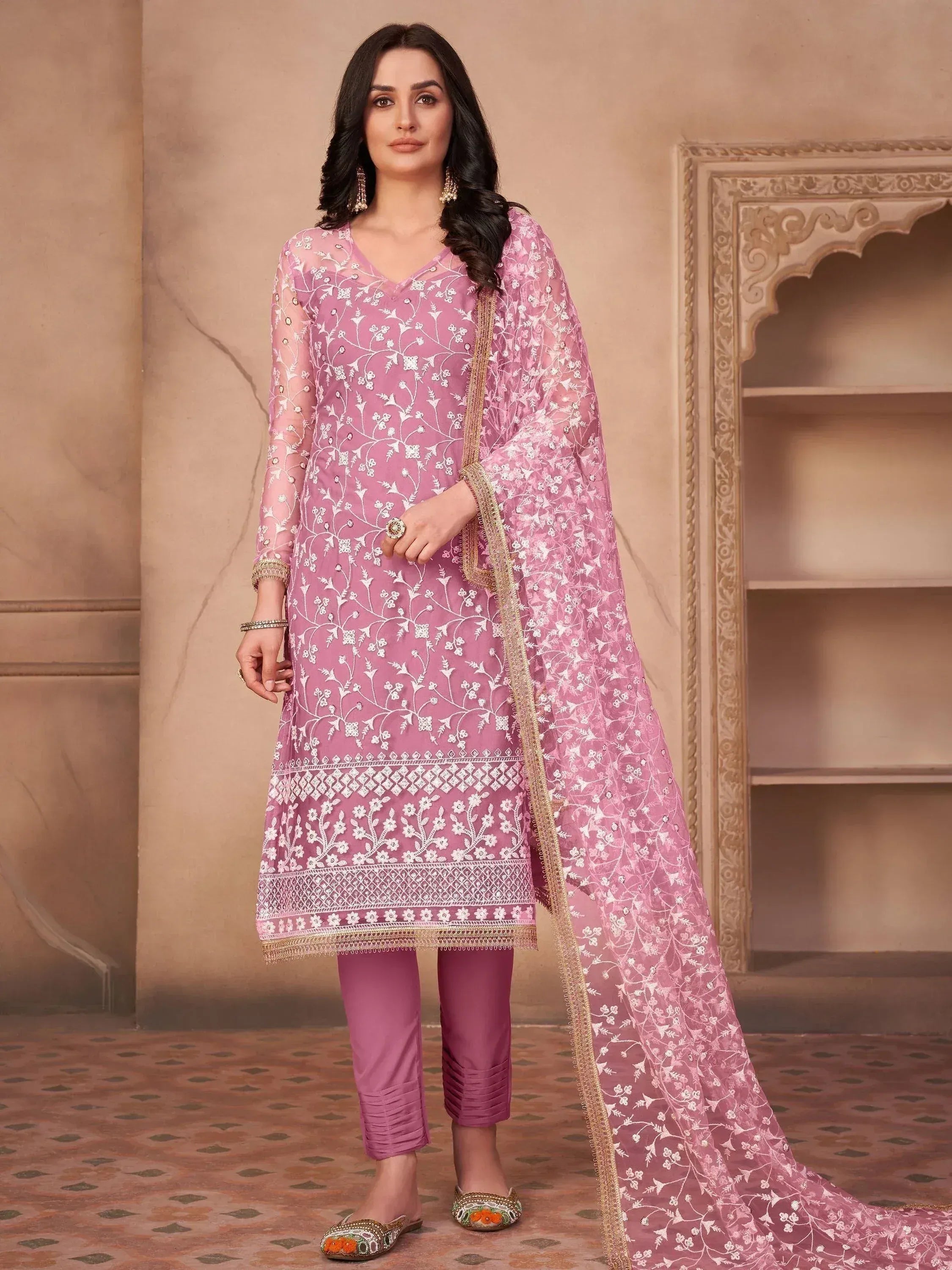 Pink embroidered salwar kameez with floral work and gold trim, Indian ethnic wear