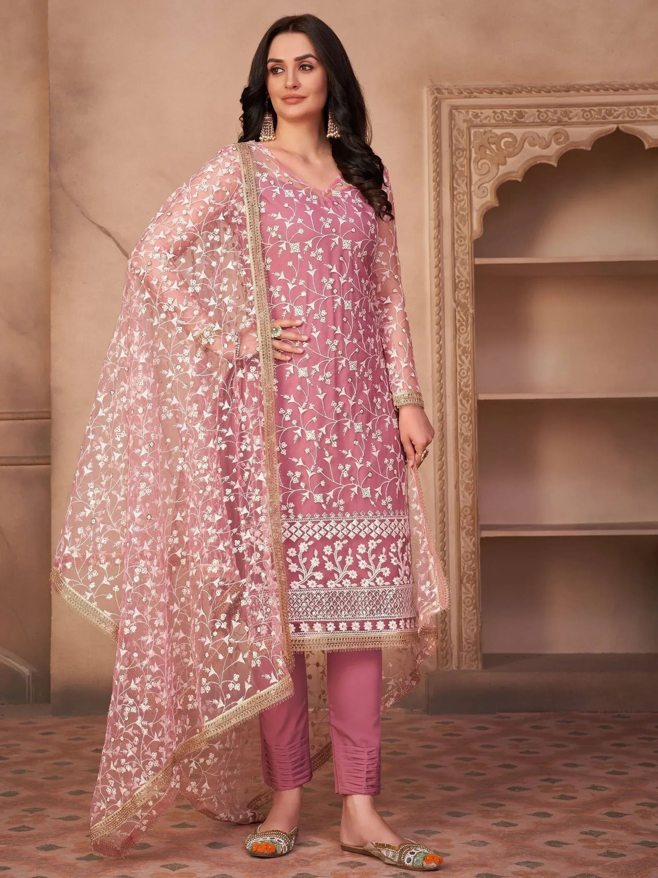 Pink embroidered salwar kameez with floral dupatta, Indian ethnic wear for women