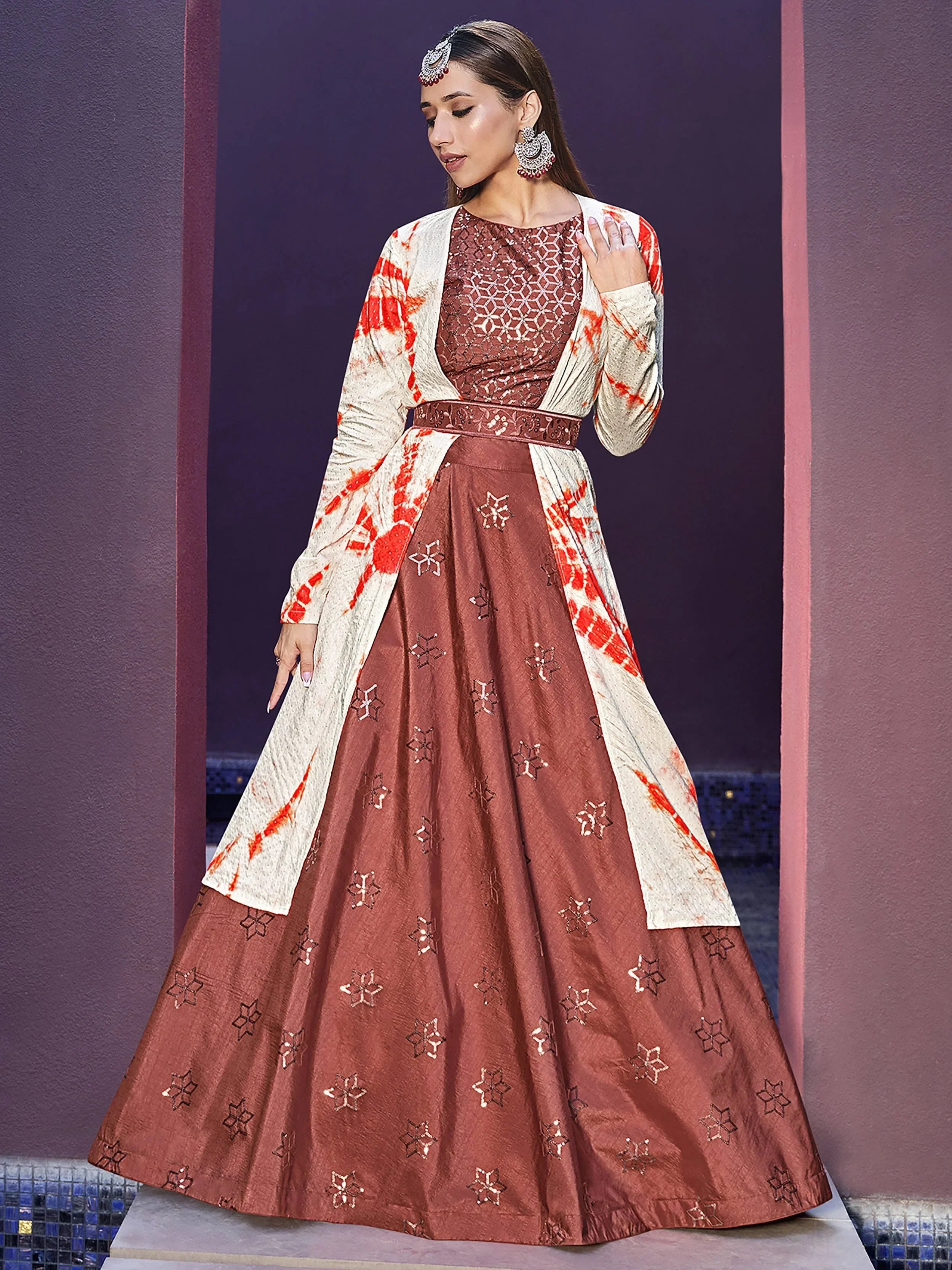 Fascinating Rustic Orange Sequinced Silk Lehenga Choli With Jacket