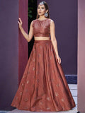 Fascinating Rustic Orange Sequinced Silk Lehenga Choli With Jacket