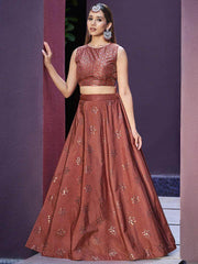 Fascinating Rustic Orange Sequinced Silk Lehenga Choli With Jacket