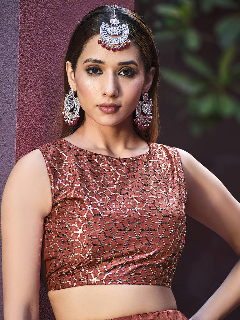 Fascinating Rustic Orange Sequinced Silk Lehenga Choli With Jacket