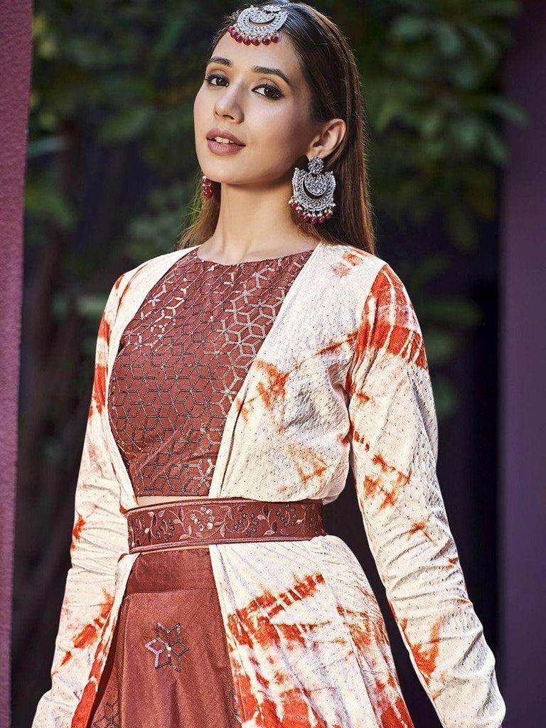 Fascinating Rustic Orange Sequinced Silk Lehenga Choli With Jacket