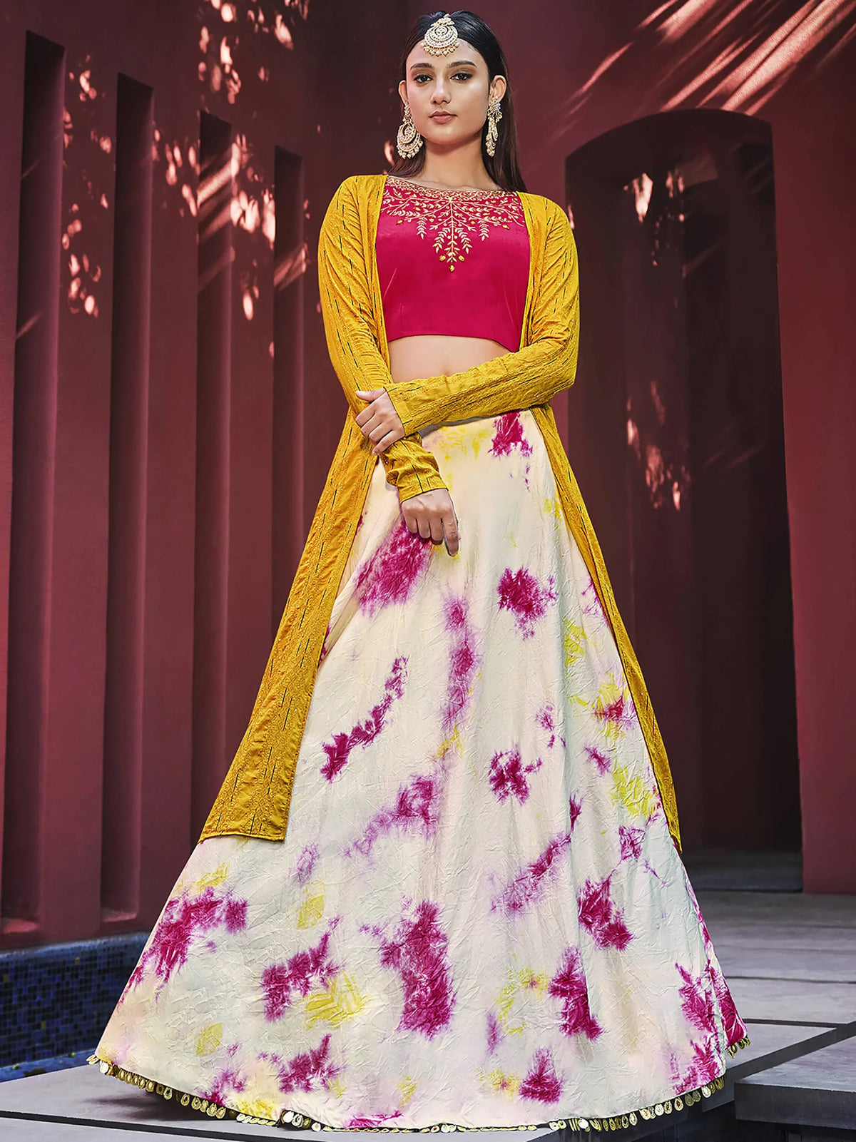 Pretty Beige Cotton Shibori Print Festive Wear Lehenga Choli with Shrug