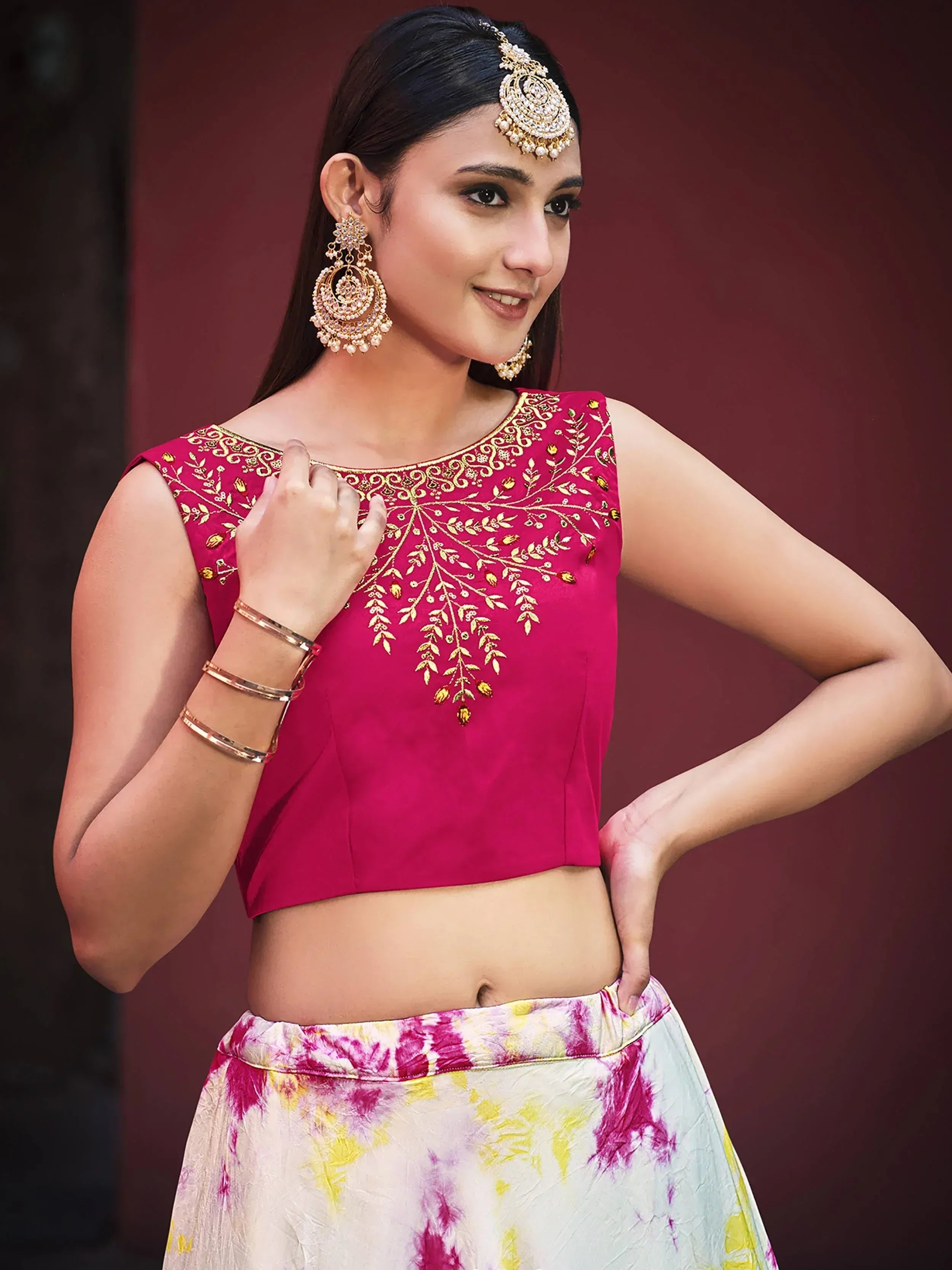 Pretty Beige Cotton Shibori Print Festive Wear Lehenga Choli with Shrug