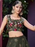 Graceful Olive Green Sequinced Art Silk festive Lehenga Choli with shrug