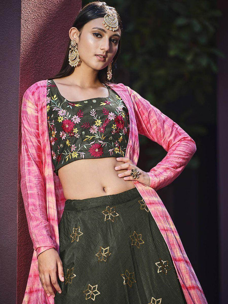 Graceful Olive Green Sequinced Art Silk festive Lehenga Choli with shrug
