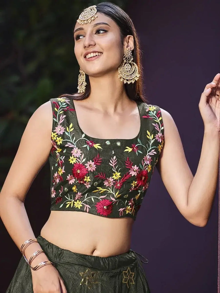 Graceful Olive Green Sequinced Art Silk festive Lehenga Choli with shrug