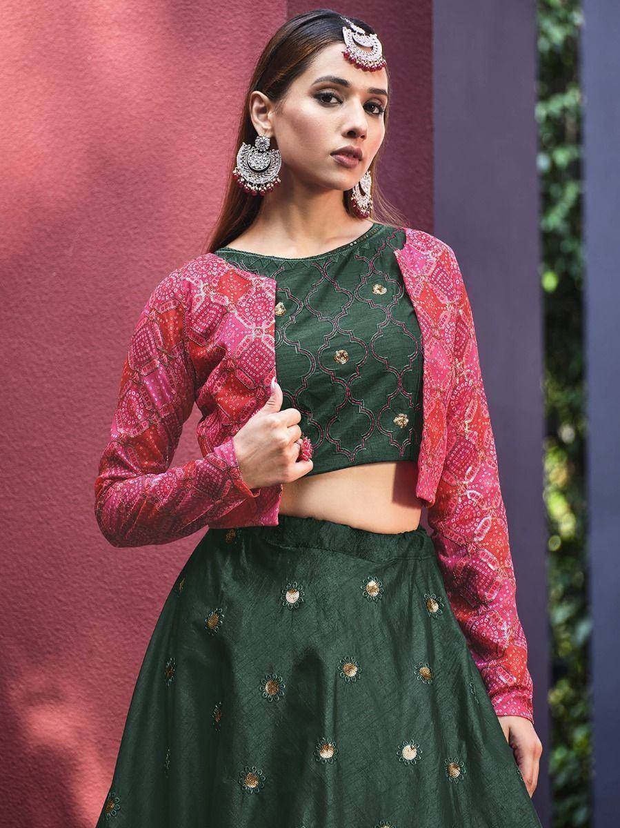 Green embroidered lehenga choli with pink patterned jacket, Indian ethnic wear for women