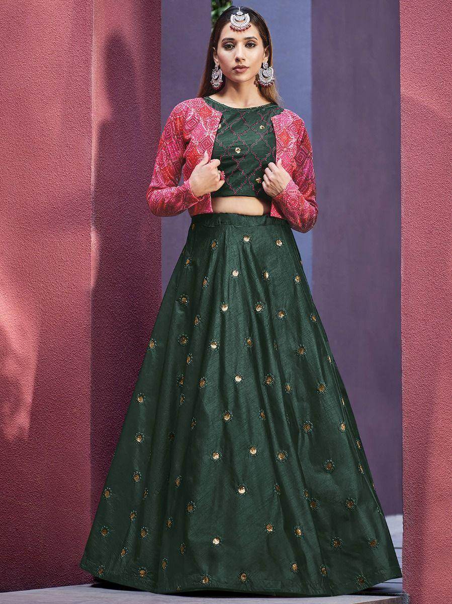 Splashy Green Embroidered Art Silk Party Lehenga Choli with Jacket