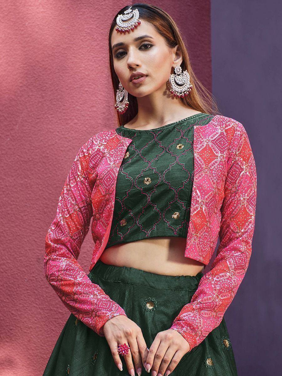 Green embroidered lehenga choli with pink printed jacket, traditional Indian ethnic wear