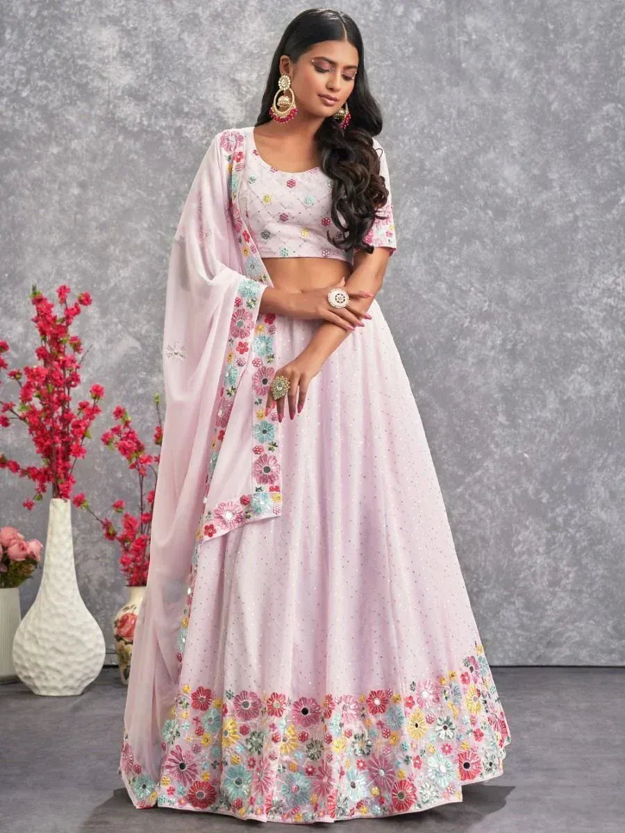 Pink floral embroidered lehenga choli with matching dupatta, perfect for Indian ethnic occasions