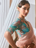 Attractive Peach Organza Sequins Work Party Wear Saree With Blouse
