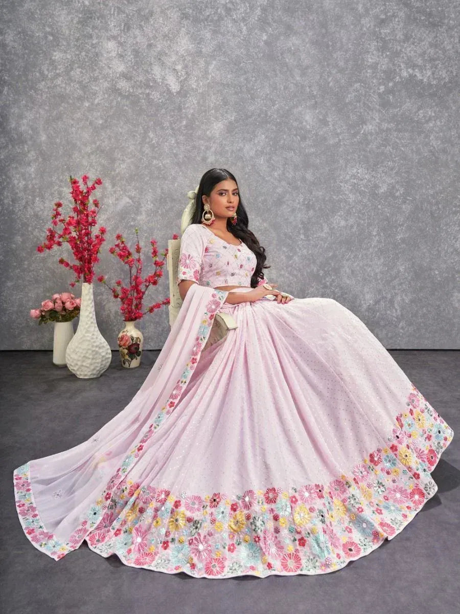 Pink floral lehenga choli with embroidered border, perfect for Indian ethnic occasions and weddings