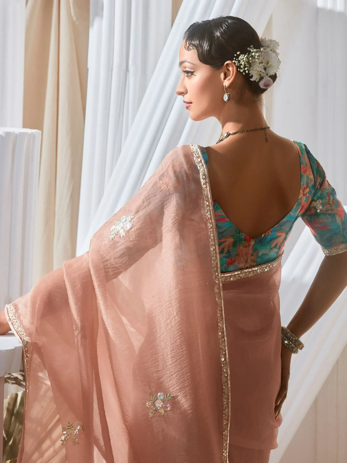 Elegant floral saree with embroidered pink dupatta and backless blouse for ethnic wear