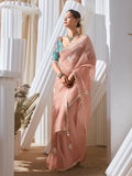 Attractive Peach Organza Sequins Work Party Wear Saree With Blouse