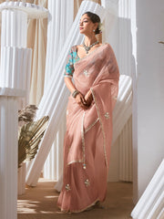 Attractive Peach Organza Sequins Work Party Wear Saree With Blouse
