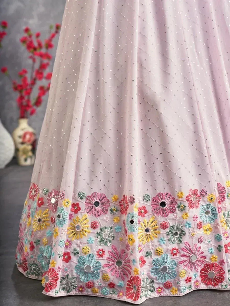 Pink floral embroidered lehenga skirt with mirror work and sequins, ethnic Indian wear
