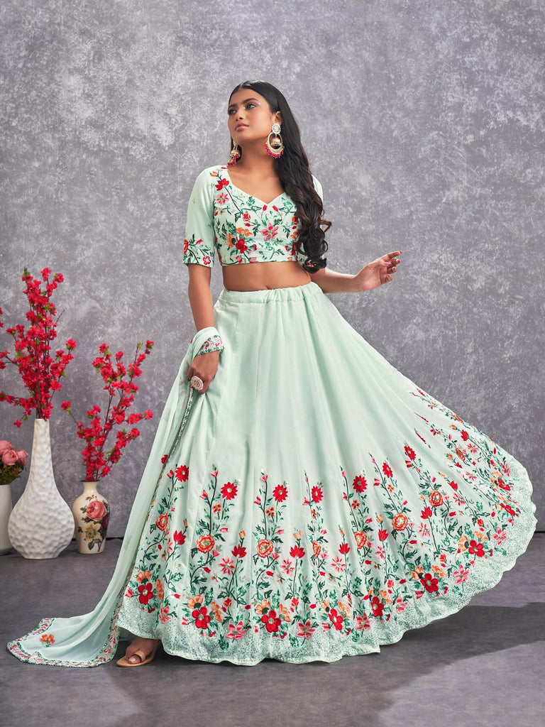 Prodigious Sea Green Sequins Embroidery Georgette Lehenga Choli