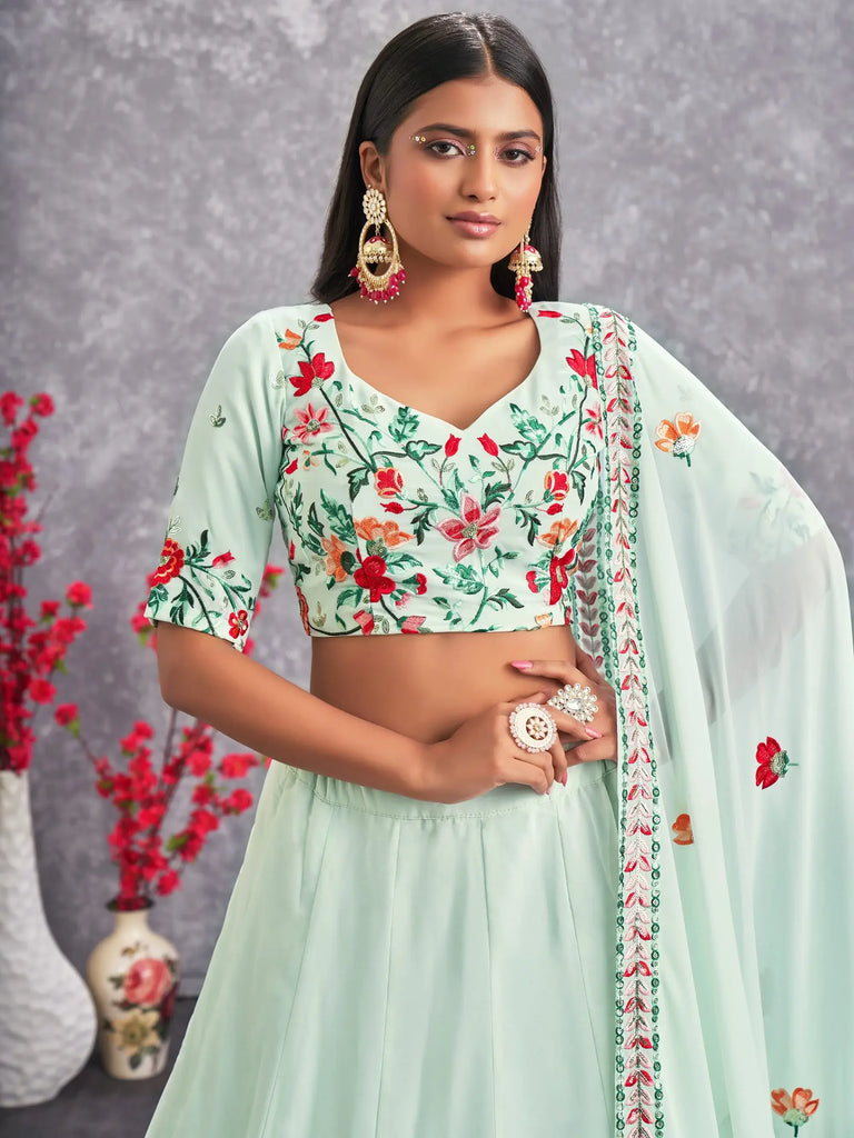 Prodigious Sea Green Sequins Embroidery Georgette Lehenga Choli