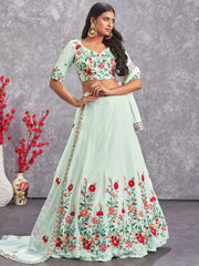 Prodigious Sea Green Sequins Embroidery Georgette Lehenga Choli