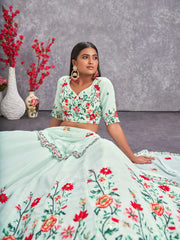 Prodigious Sea Green Sequins Embroidery Georgette Lehenga Choli