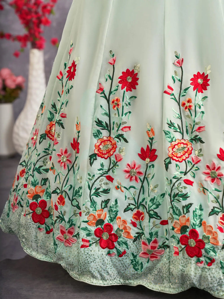 Prodigious Sea Green Sequins Embroidery Georgette Lehenga Choli