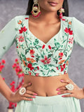 Prodigious Sea Green Sequins Embroidery Georgette Lehenga Choli