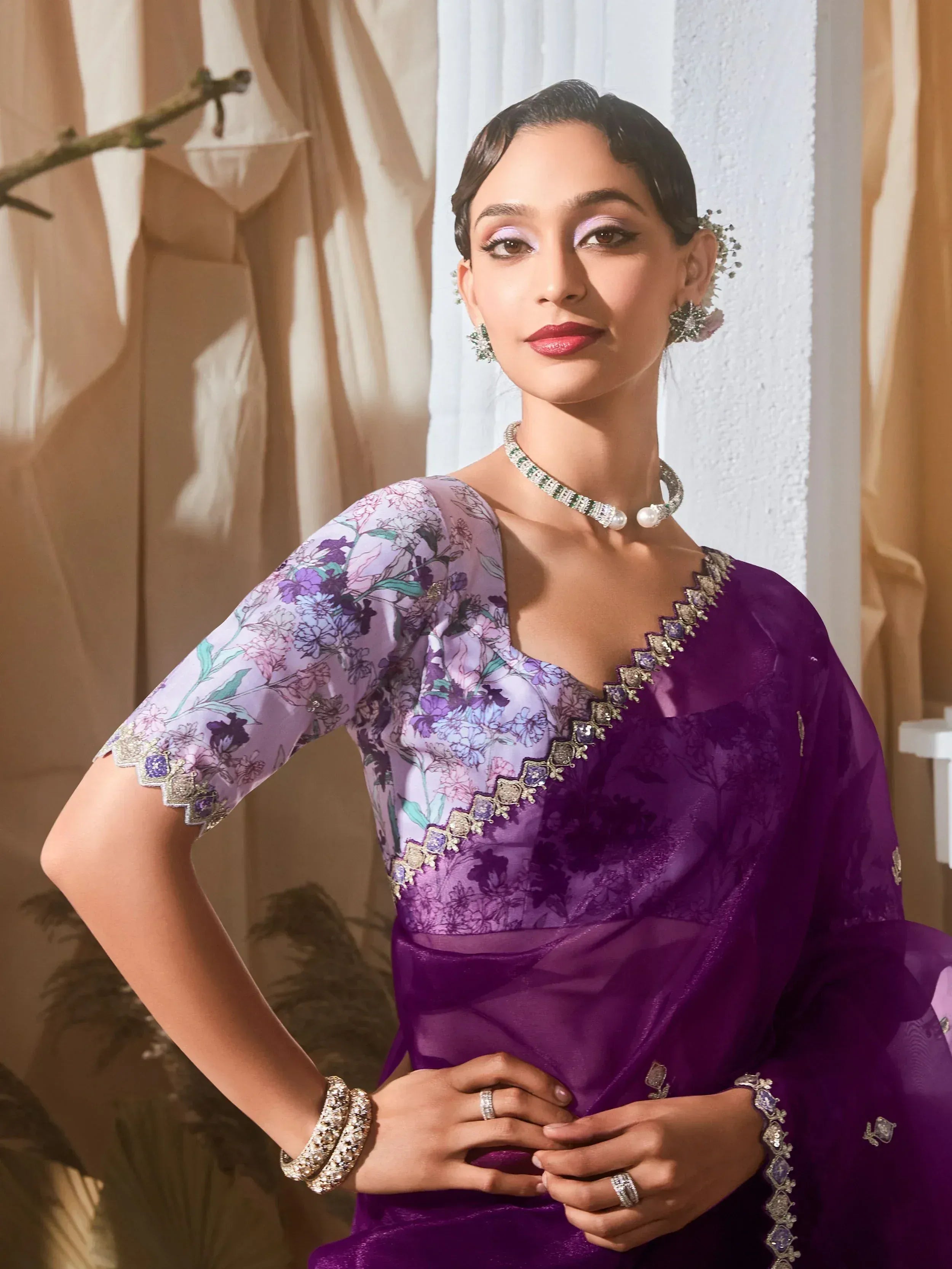 Purple floral designer saree with embroidered blouse, perfect for Indian ethnic wear occasions