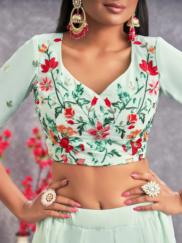 Prodigious Sea Green Sequins Embroidery Georgette Lehenga Choli