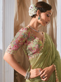 Adorable Pista Green Border Work Mehendi Wear Saree With Blouse