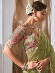 Adorable Pista Green Border Work Mehendi Wear Saree With Blouse
