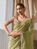 Adorable Pista Green Border Work Mehendi Wear Saree With Blouse