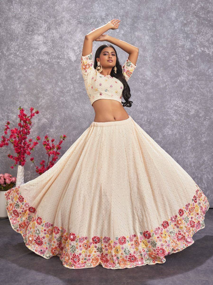 Floral print lehenga choli with embroidered skirt, perfect for Indian ethnic wear and festive occasions