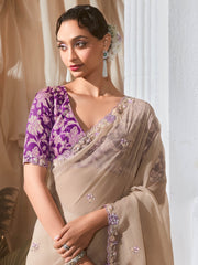 Awesome Beige Organza Sequins Saree With Floral Printed Blouse