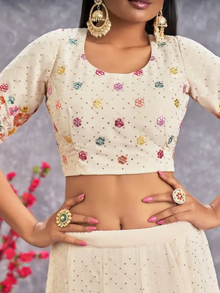 Ravishing Beige Sequins Embroidery Georgette Lehenga Choli