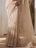 Awesome Beige Organza Sequins Saree With Floral Printed Blouse
