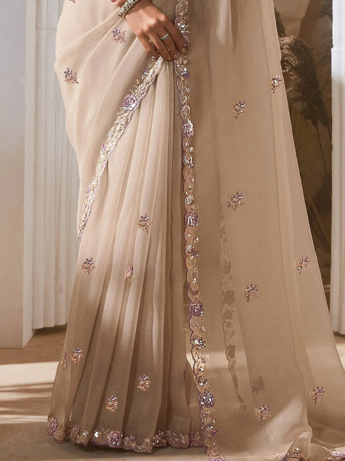 Beige saree with purple floral embroidery and sequin border, Indian ethnic wear