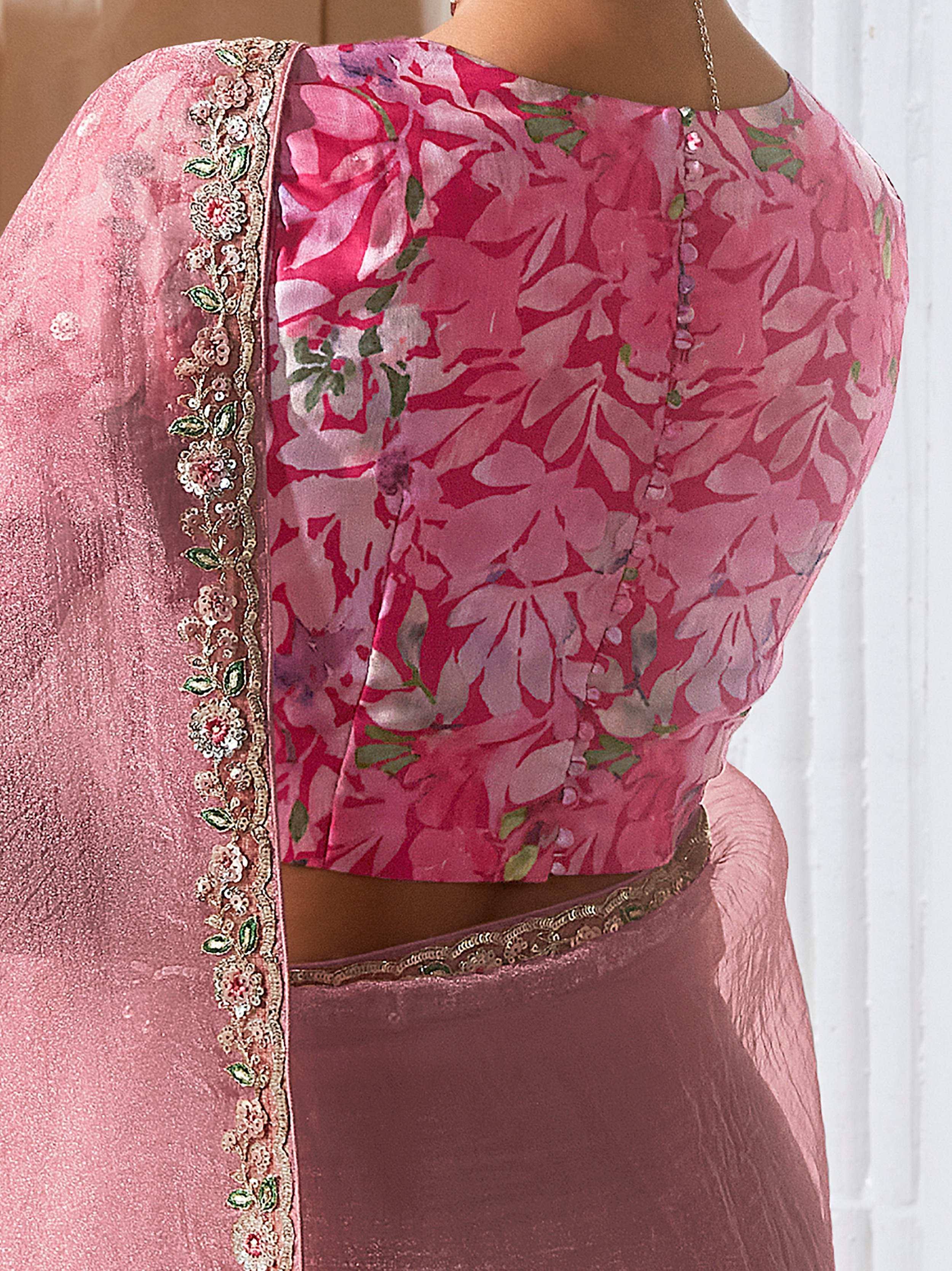Pink floral print ethnic blouse with embroidered dupatta, perfect for Indian wear