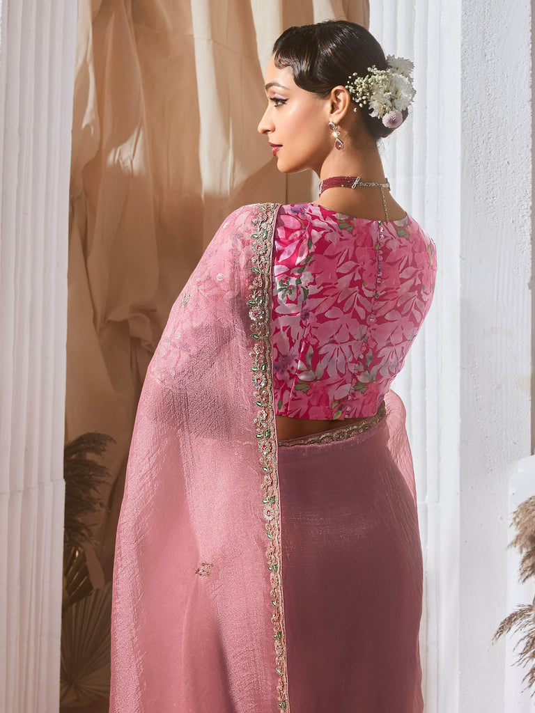 Pretty Pink Organza Border Work Saree With Floral Printed Blouse