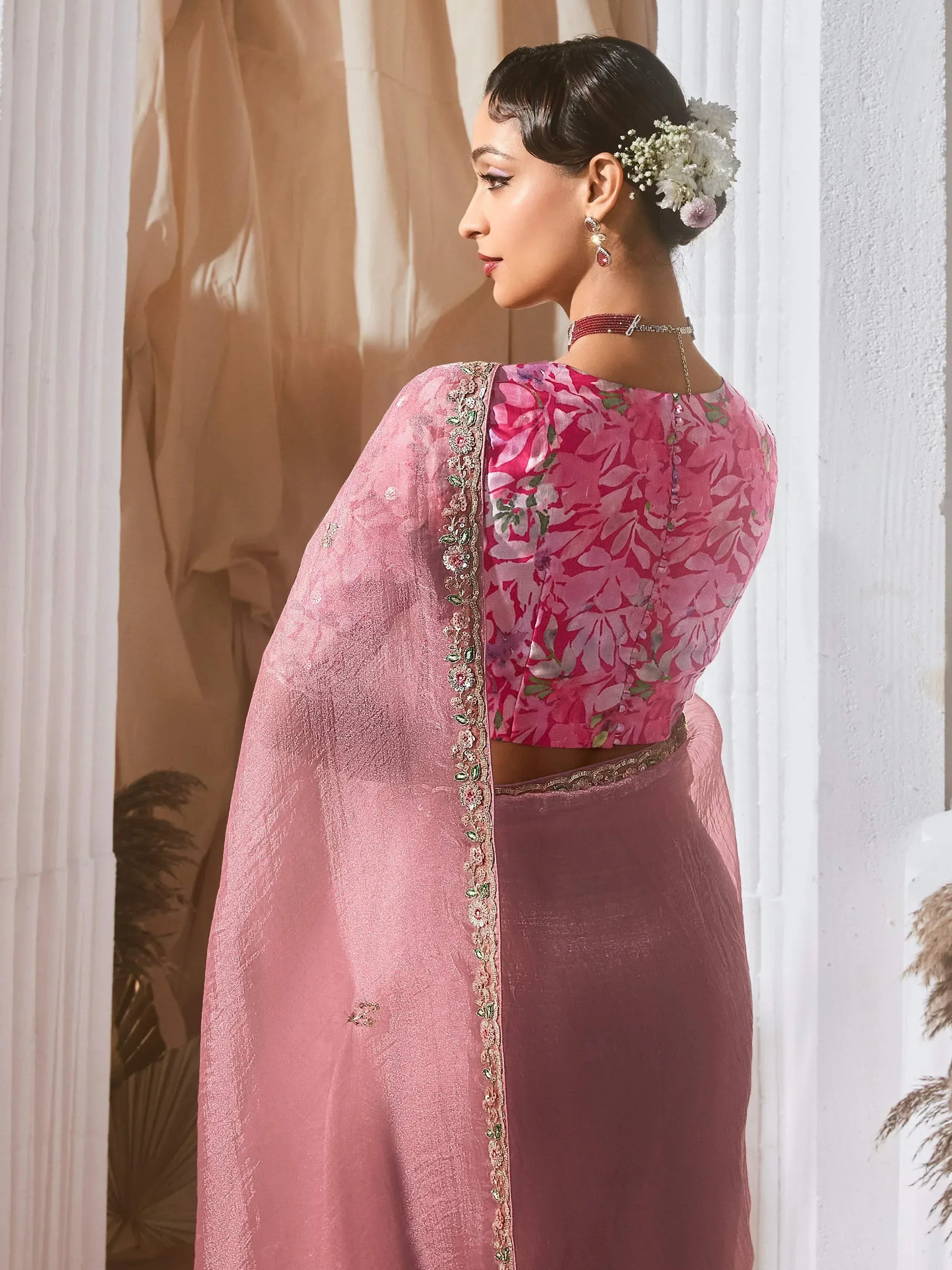 Pink floral embroidered lehenga choli with sheer dupatta, perfect for Indian ethnic wear occasions