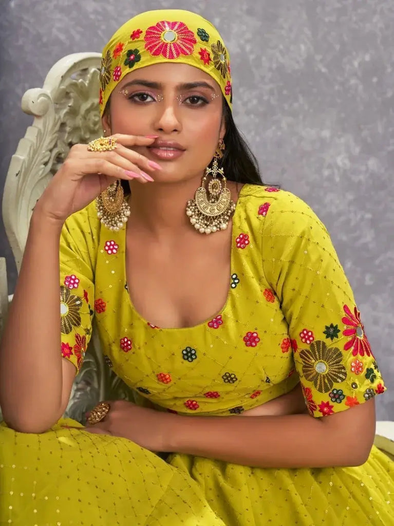 Alluring Fluorescent Green Embroidered Georgette Lehenga Choli