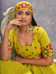 Alluring Fluorescent Green Embroidered Georgette Lehenga Choli